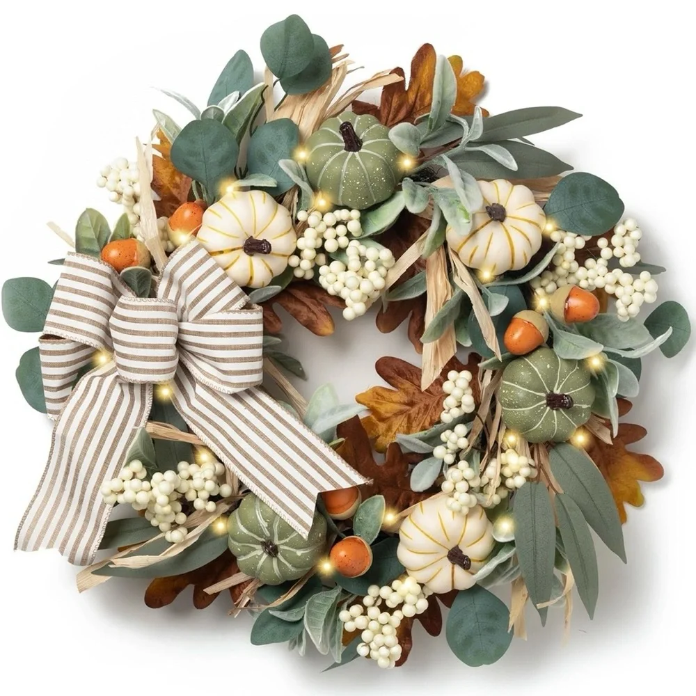 Valery Madelyn Fall Farmhouse Autumn Wreath Centerpiece with lights 12” across F